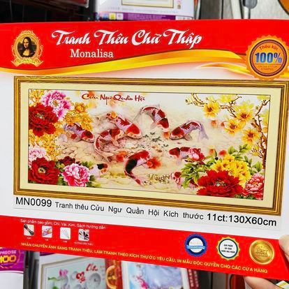 Tranh thêu chữ thập cá chép hoa mẫu đơn cực đẹp 1m3 và 1m8 thêu kín