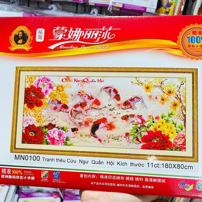 Tranh thêu chữ thập cá chép hoa mẫu đơn cực đẹp 1m3 và 1m8 thêu kín