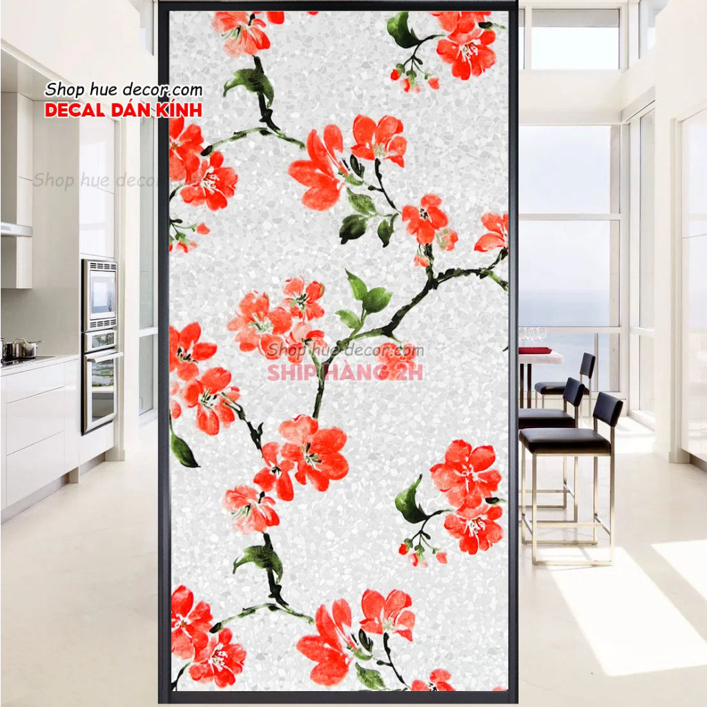 Decal dán kính dày 3D tinh thể pha lê họa tiết hoa đỏ chống nhìn trộm dán cửa đi, cửa sổ, chống nắng, giá rẻ,