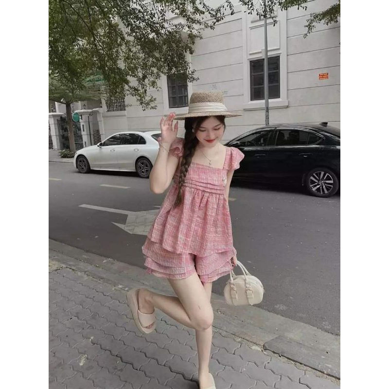 Set baby doll hai dây có cánh,sọc caro hồng nhạt,vải đũi mát mẻ,dễ mặc