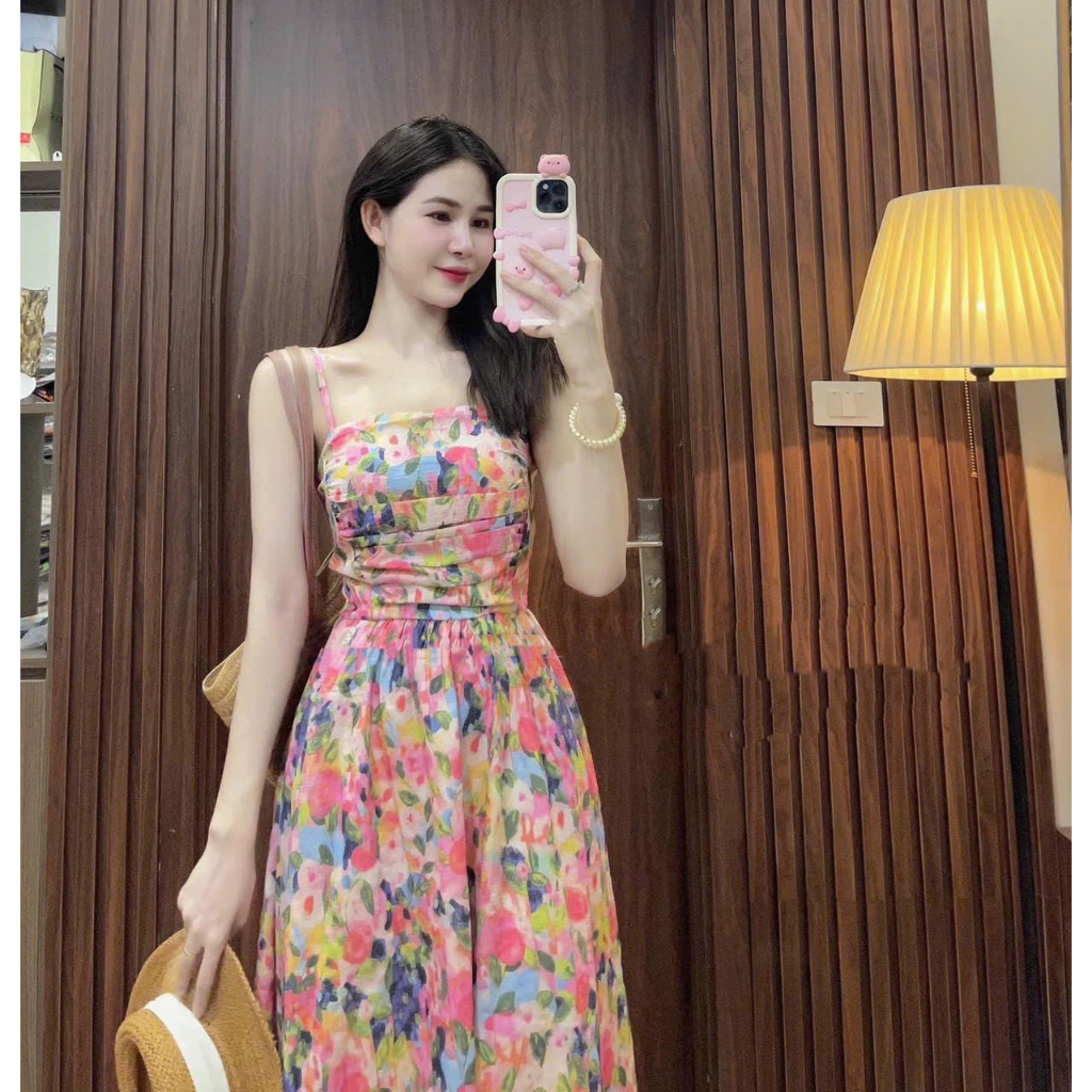 Váy Nữ Xinh_Đầm Midi 2 Dây Họa Tiết Hoa Xếp Li Ngực Siêu Xinh Phong Cách Tiểu Thư Thời Trang Nữ Mùa Hè