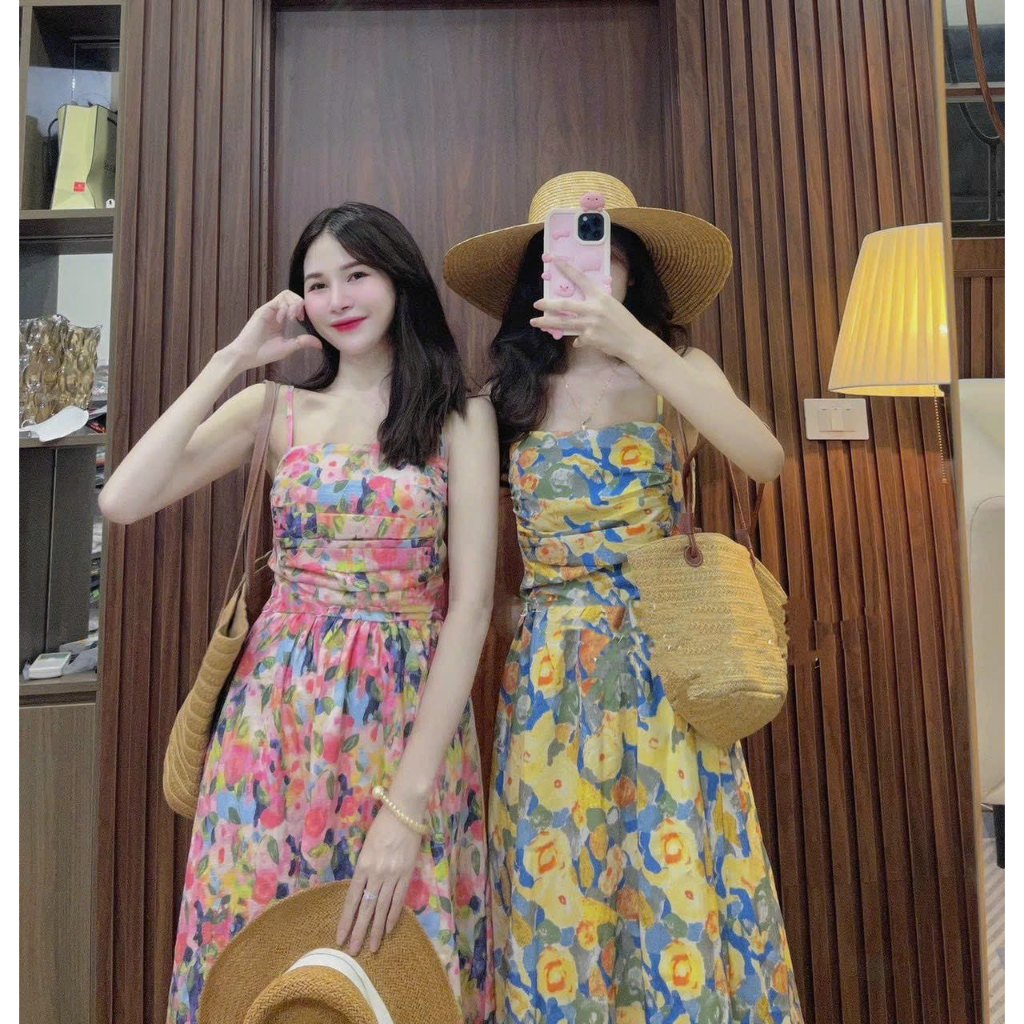 Váy Nữ Xinh_Đầm Midi 2 Dây Họa Tiết Hoa Xếp Li Ngực Siêu Xinh Phong Cách Tiểu Thư Thời Trang Nữ Mùa Hè