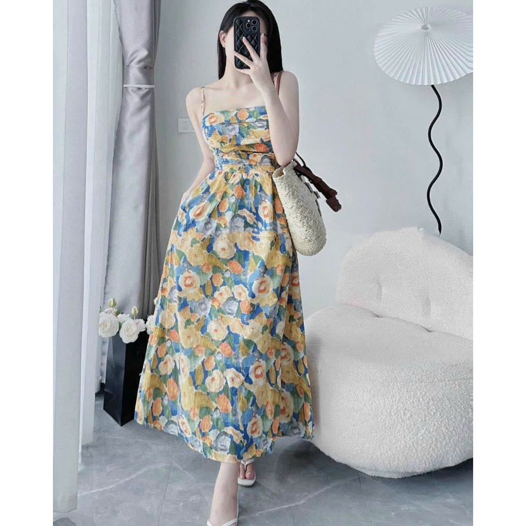 Váy Nữ Xinh_Đầm Midi 2 Dây Họa Tiết Hoa Xếp Li Ngực Siêu Xinh Phong Cách Tiểu Thư Thời Trang Nữ Mùa Hè