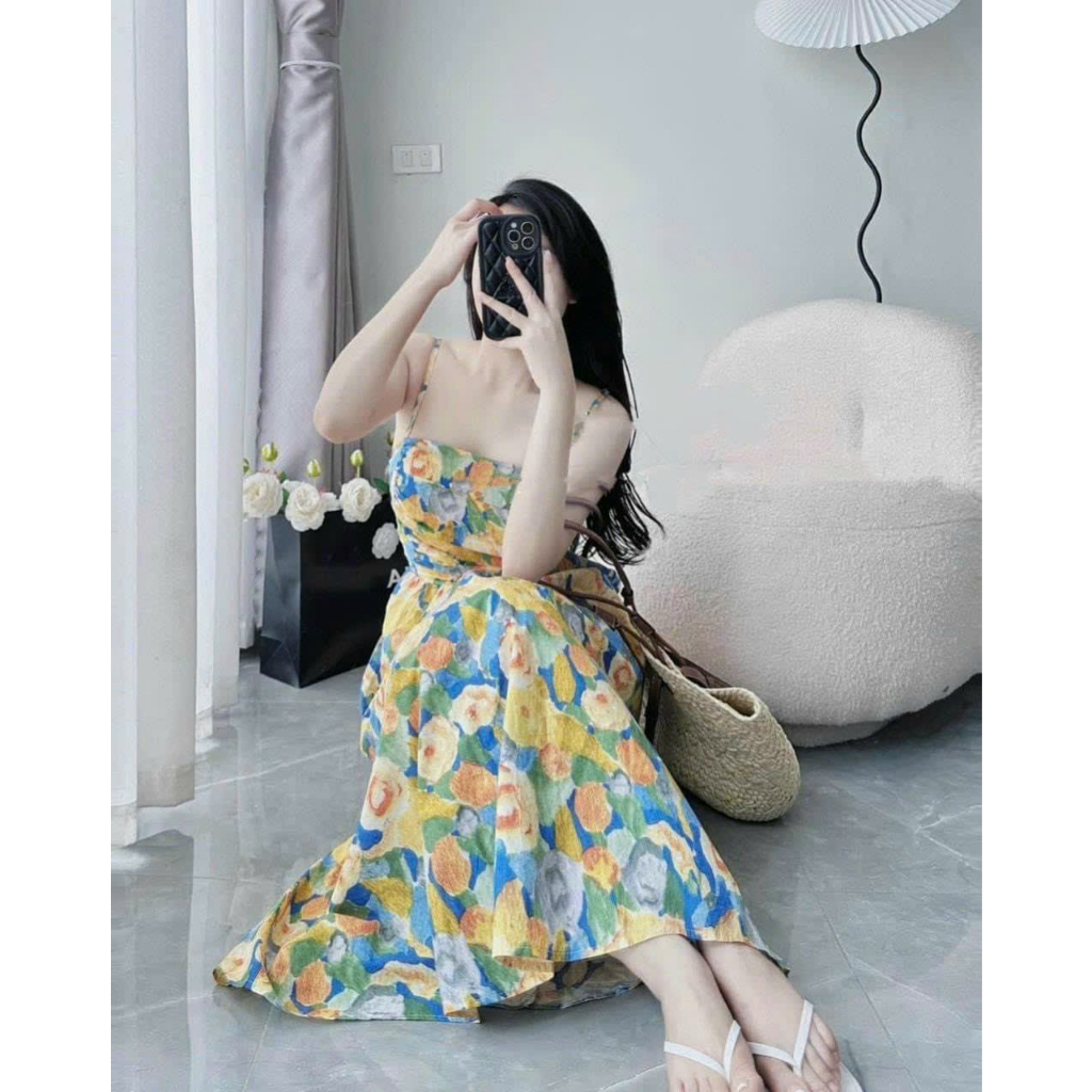 Váy Nữ Xinh_Đầm Midi 2 Dây Họa Tiết Hoa Xếp Li Ngực Siêu Xinh Phong Cách Tiểu Thư Thời Trang Nữ Mùa Hè