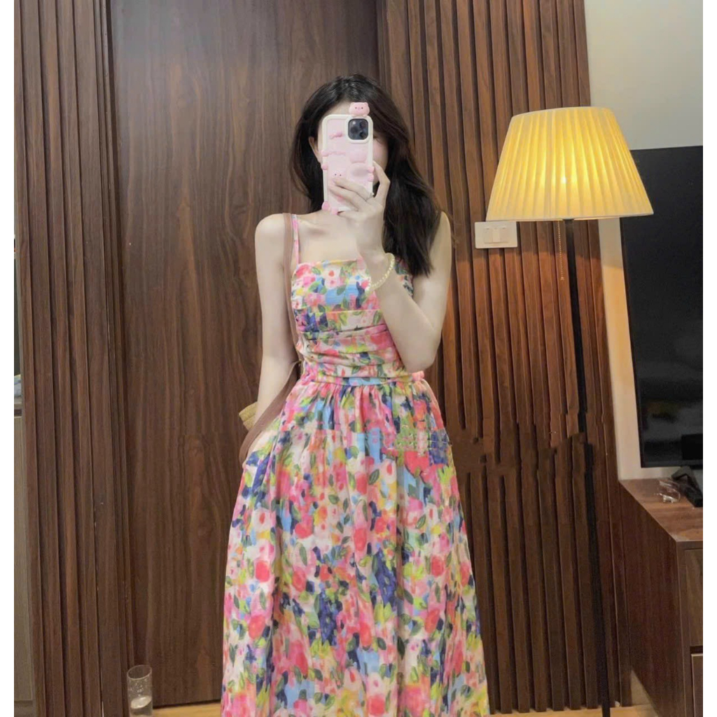 Váy Nữ Xinh_Đầm Midi 2 Dây Họa Tiết Hoa Xếp Li Ngực Siêu Xinh Phong Cách Tiểu Thư Thời Trang Nữ Mùa Hè