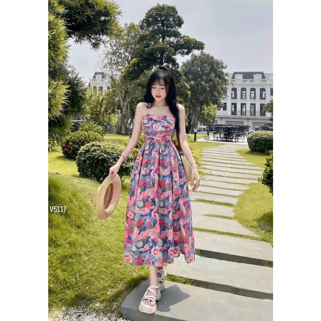 Váy Nữ Xinh_Đầm Midi 2 Dây Họa Tiết Hoa Xếp Li Ngực Siêu Xinh Phong Cách Tiểu Thư Thời Trang Nữ Mùa Hè