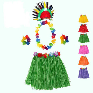 Váy hawaii loại dày dài 40cm cho bé kèm nón lông thổ dân nhiều màu