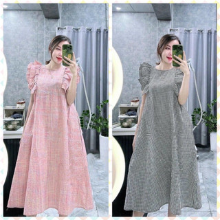 Đầm bầu mặc nhà cà phê Váy bầu cánh tiên chất kẻ thô xinh V56
