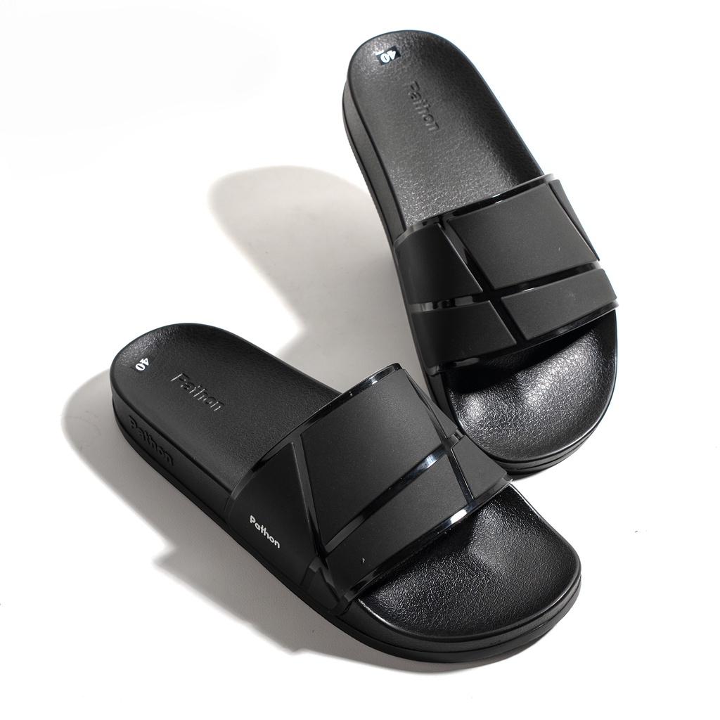 Dép nam PATHON SD104, quai ngang PVC đen viền bóng, đế nhám PU êm chân chống trượt