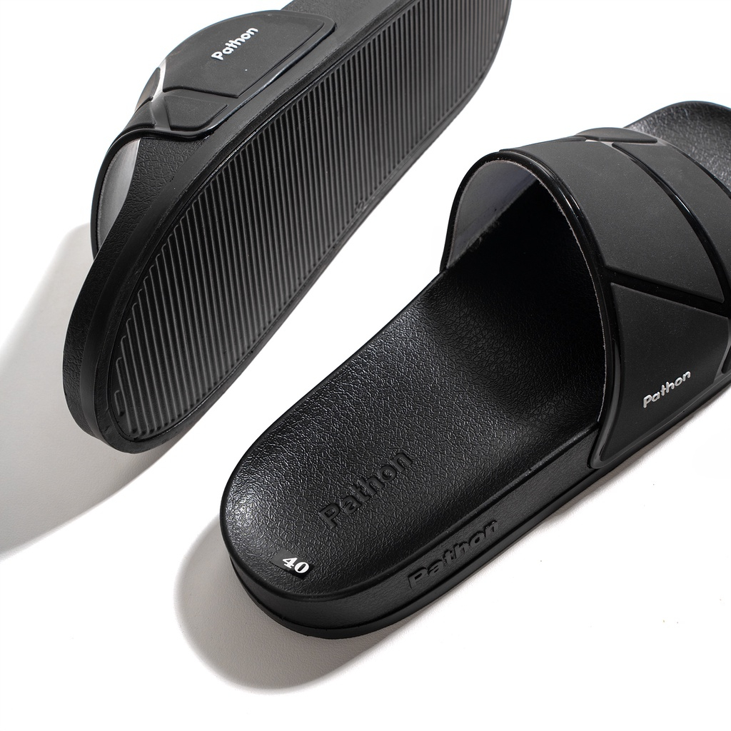 Dép nam PATHON SD104, quai ngang PVC đen viền bóng, đế nhám PU êm chân chống trượt