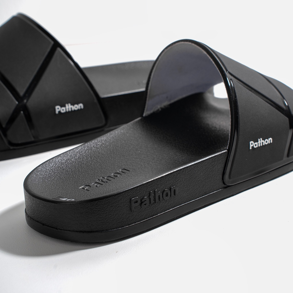 Dép nam PATHON SD104, quai ngang PVC đen viền bóng, đế nhám PU êm chân chống trượt