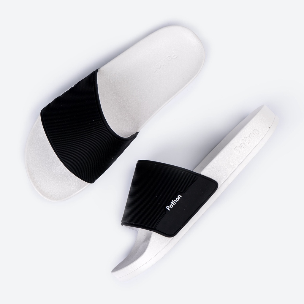 Dép nam PATHON SD31, quai ngang PVC đen, đế nhám PU trắng êm chân chống trượt