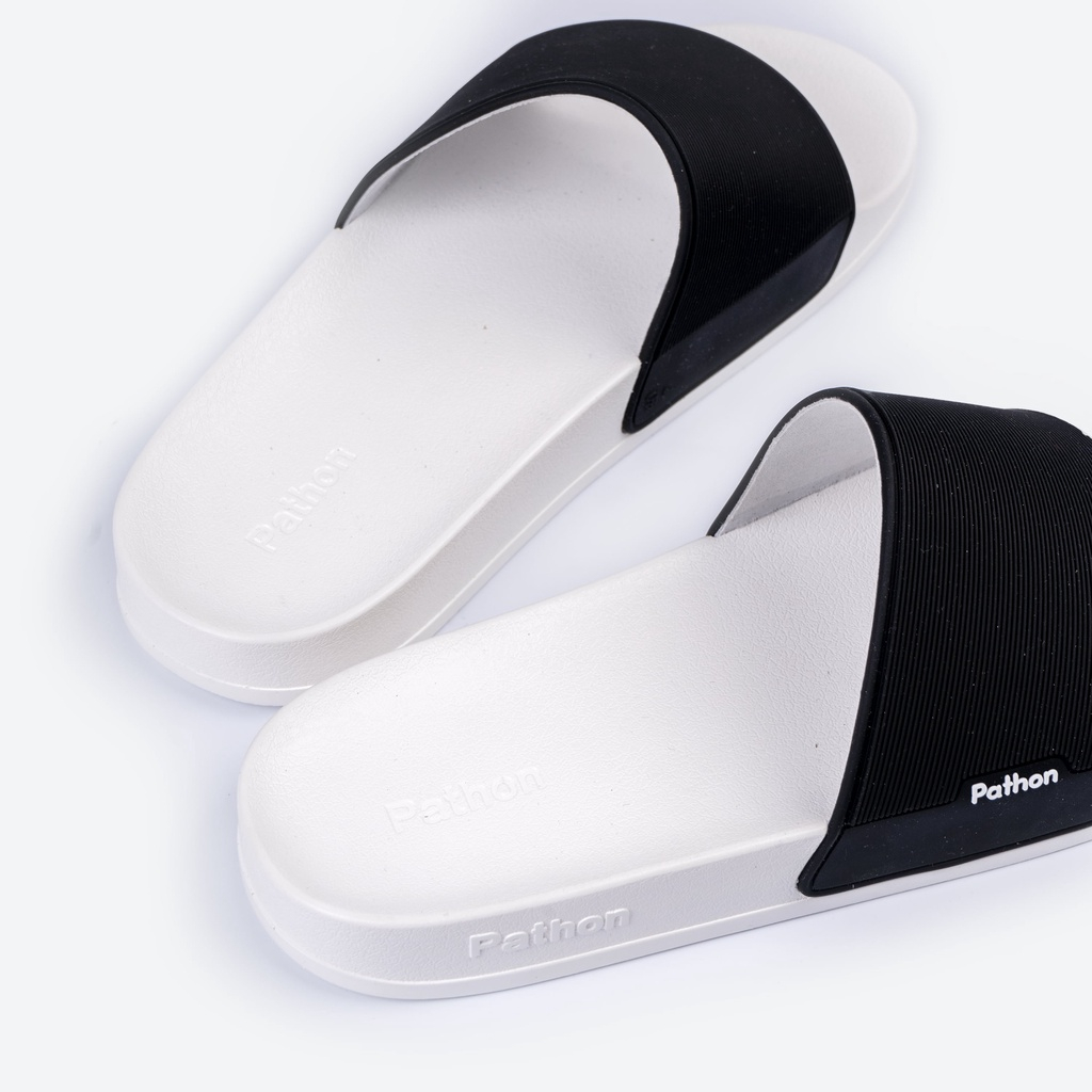 Dép nam PATHON SD31, quai ngang PVC đen, đế nhám PU trắng êm chân chống trượt