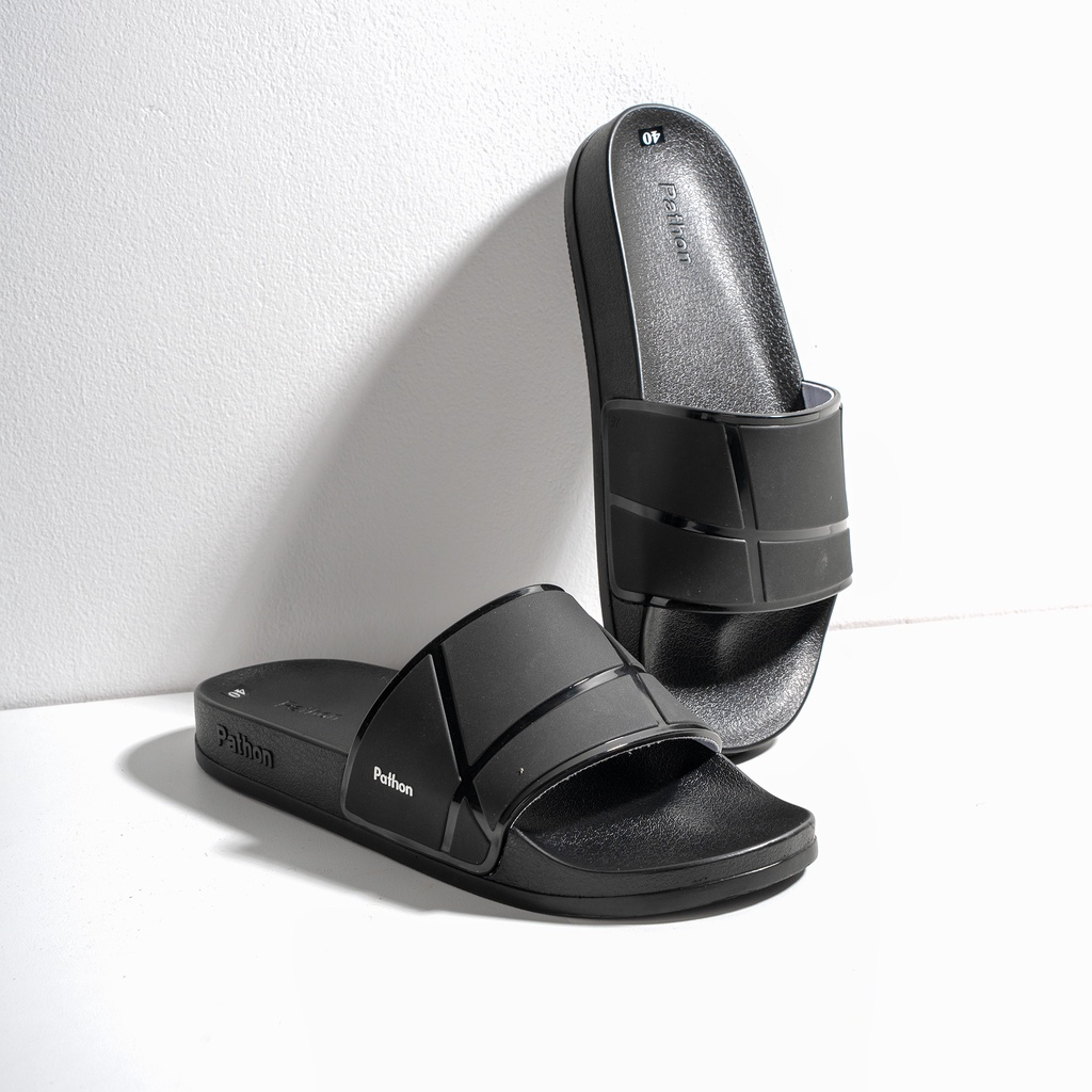 Dép nam PATHON SD104, quai ngang PVC đen viền bóng, đế nhám PU êm chân chống trượt