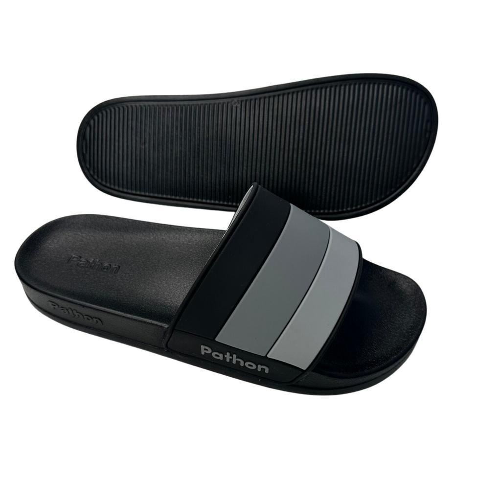 Dép nam PATHON SD120, quai ngang PVC sọc xám đen lớn, đế nhám PU êm chân chống trượt