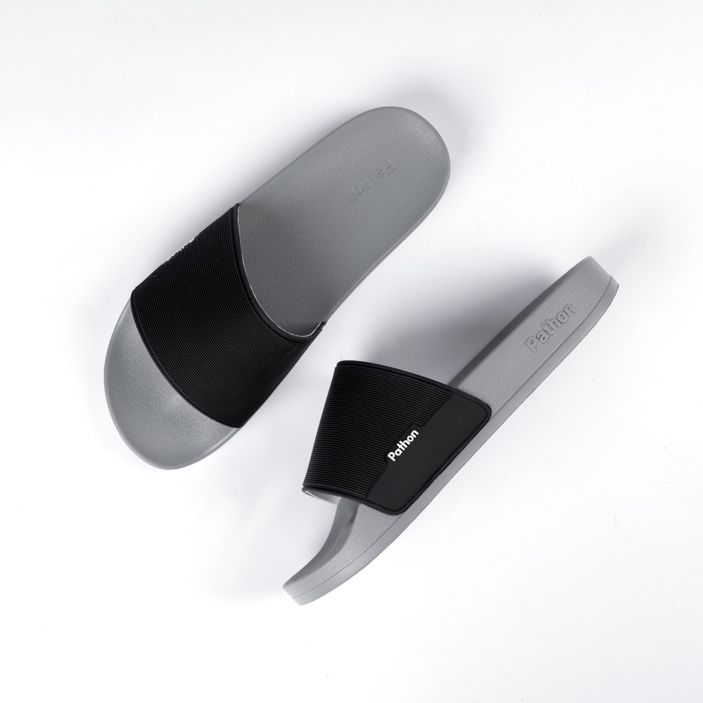 Dép nam PATHON SD62, quai ngang PVC đen, đế nhám PU xám êm chân chống trượt