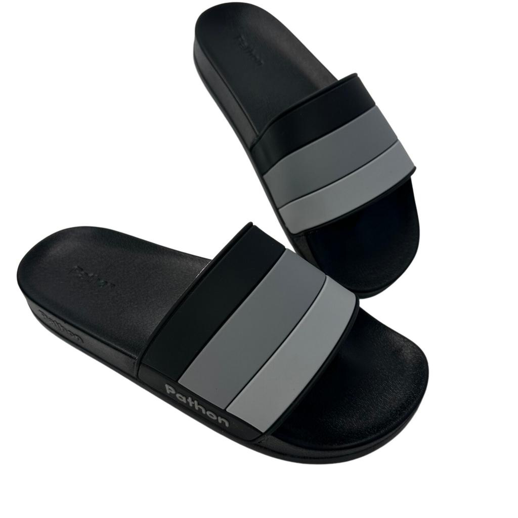 Dép nam PATHON SD120, quai ngang PVC sọc xám đen lớn, đế nhám PU êm chân chống trượt