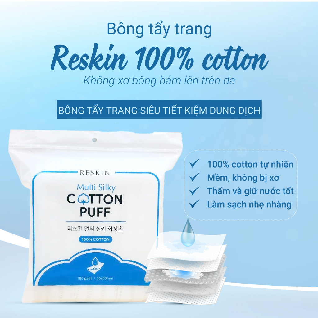 Bông tẩy trang 3 lớp 2 mặt Cotton 180 miếng Reskin Multi Silky Cotton Puff - Không xơ bông trên da