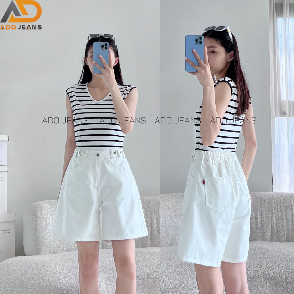 Quần lửng ngố jean nữ, quần short jean nữ lưng sau chun đai chỉnh eo ADO JEANS