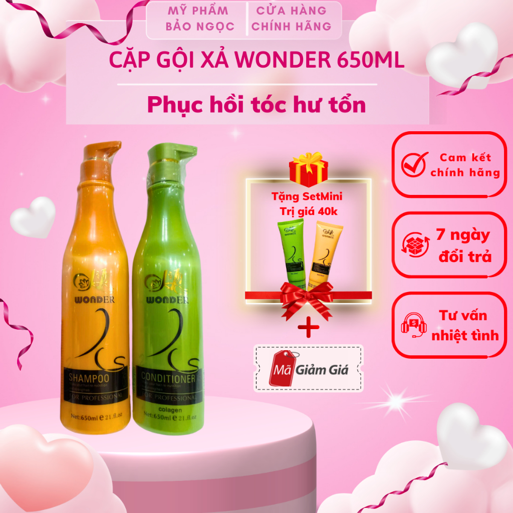 Dầu Gội Xả Collagen Wonder Hoàn Hình 650ml x 2, Phục Hồi Tóc Hư Tổn, Tóc Gãy Nát Do Uốn Nhuộm CHÍNH HÃNG tặng set mini