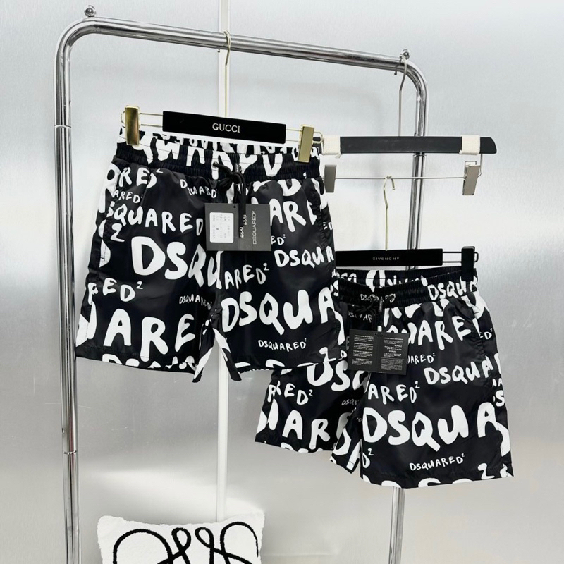 Quần short nam DSQ2 vải gió hoạ tiết vân chữ monogram đen trắng cạp chun kèm dây thắt thoáng mát