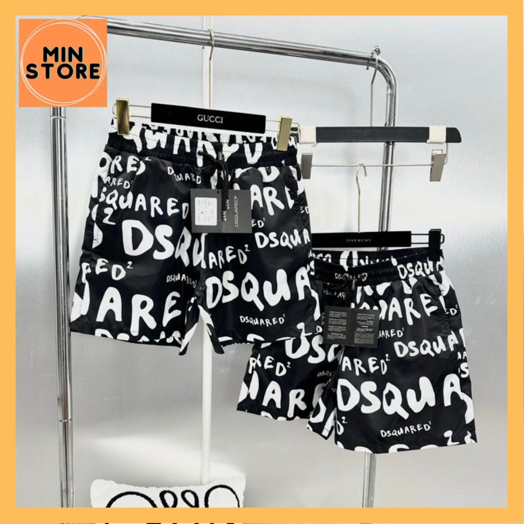 Quần short nam DSQ2 vải gió hoạ tiết vân chữ monogram đen trắng cạp chun kèm dây thắt thoáng mát