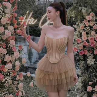 𝐁𝐚𝐦𝐛𝐚𝐥𝐢𝐧𝐚 𝐃𝐫𝐞𝐬𝐬 lưới dập li áo quây mix chân váy tầng xòe xinh - TKCC Ashley L1