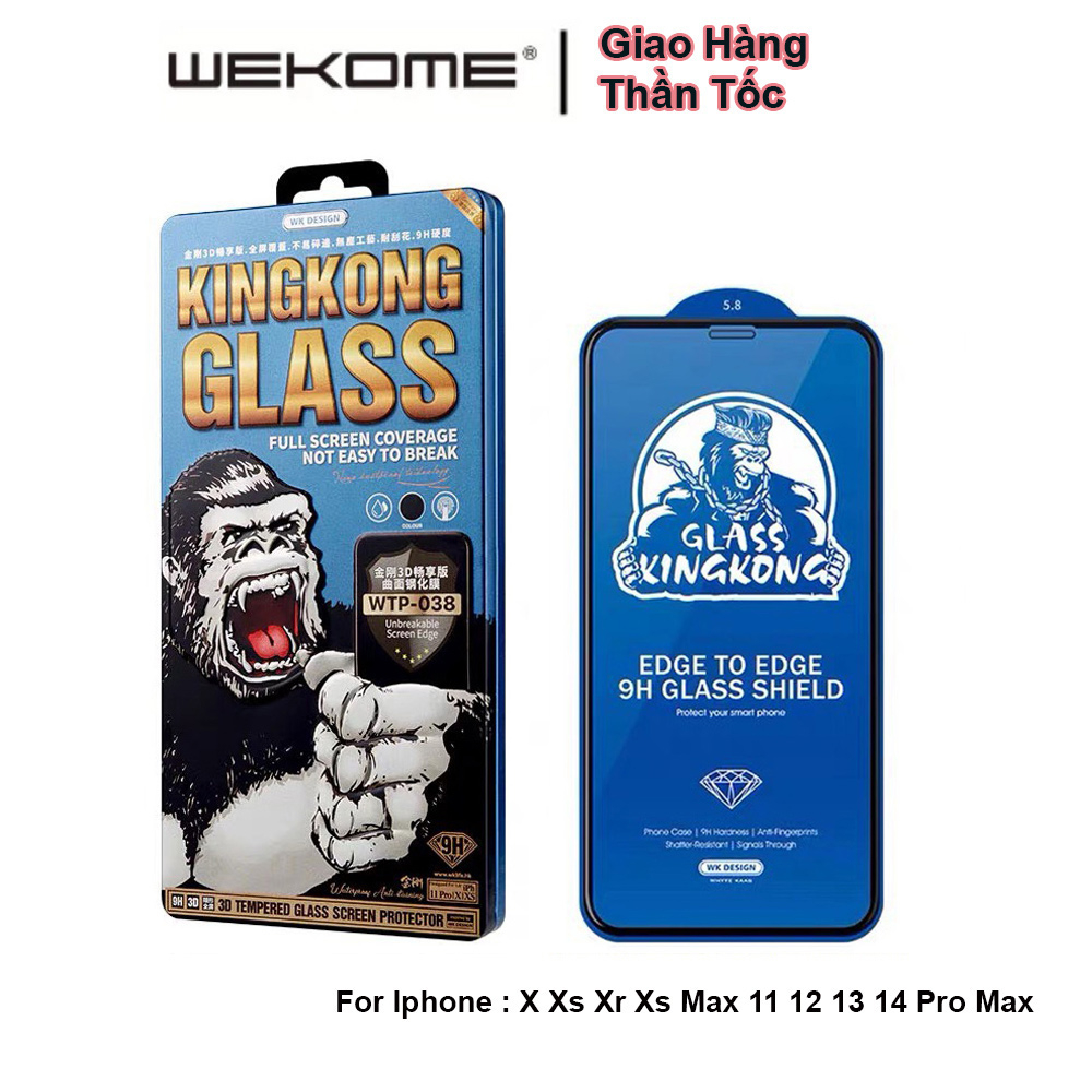 Kính Cường lực Iphone KINGKONG 3D Xanh Hộp Sắt Chống Vân Tay Chính hãng WK Wekome cho X Xs Max 11 12 13 14 Pro Max