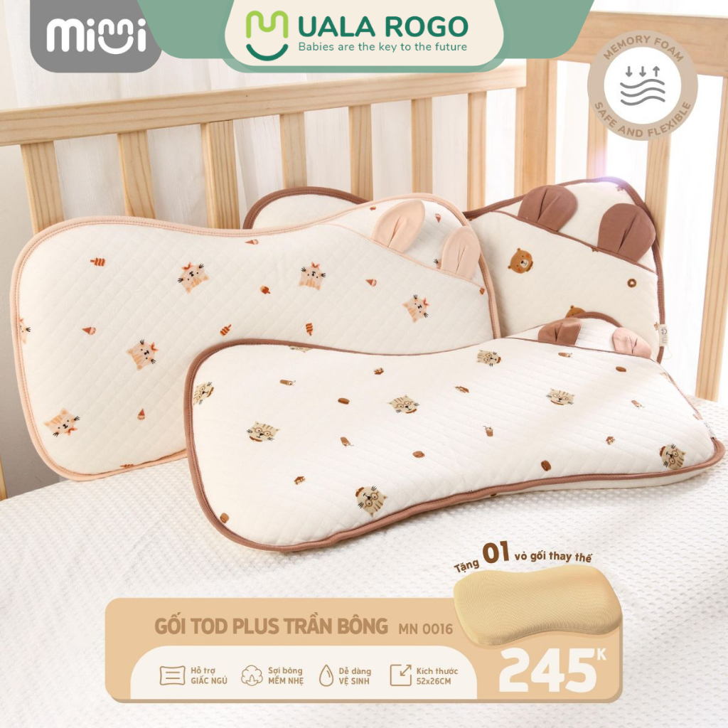 Gối sơ sinh Ualarogo TOD Plus trần bông chống bẹt đầu ruột Memory Foam 53x26cm mềm nhẹ thoáng mát 0016