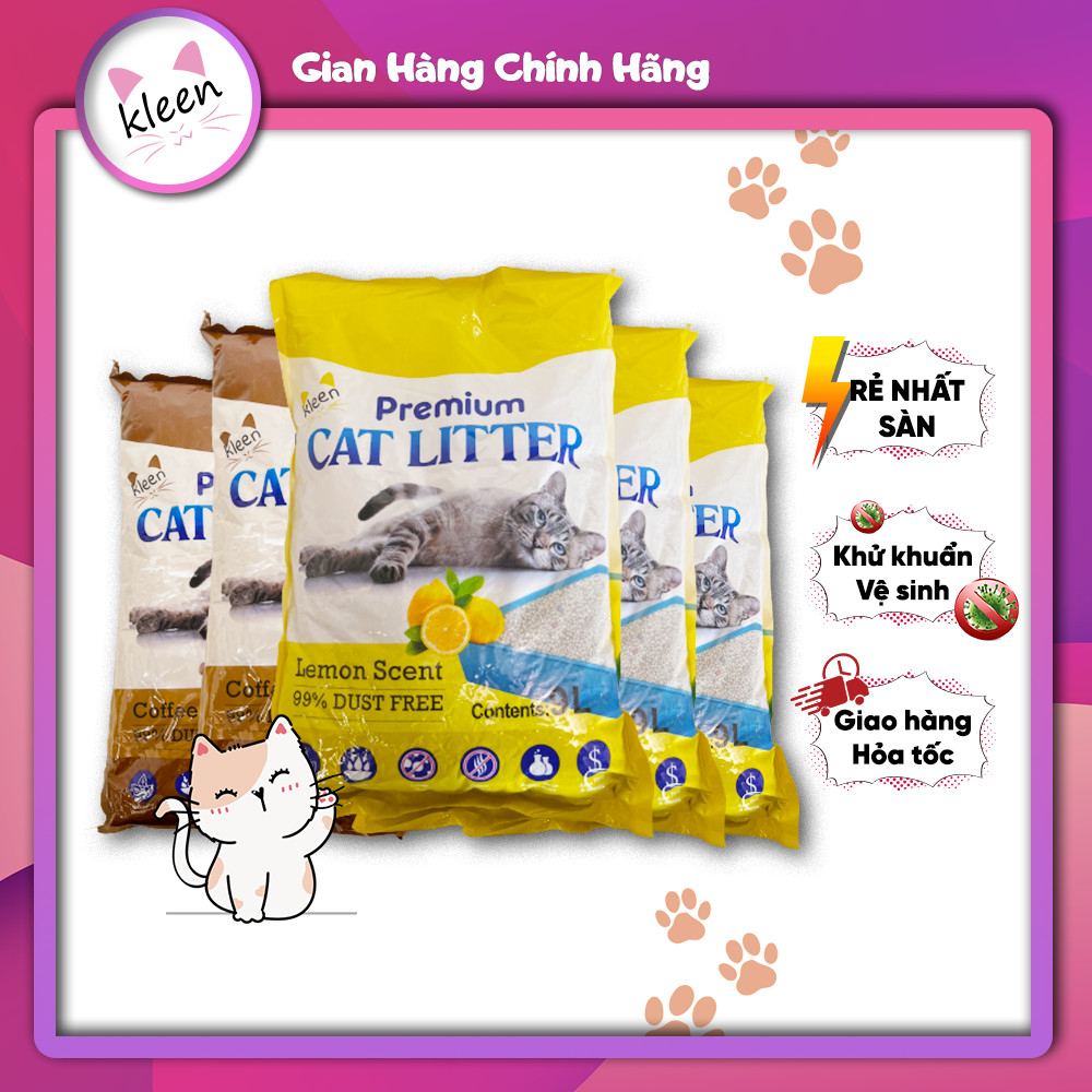 Combo 5 túi Cát Vệ Sinh Cho Mèo 9l - 4kg, Cát Mèo Vệ Sinh Khử Mùi Diệt Khuẩn Premium Cat Litter Kleen - CM03