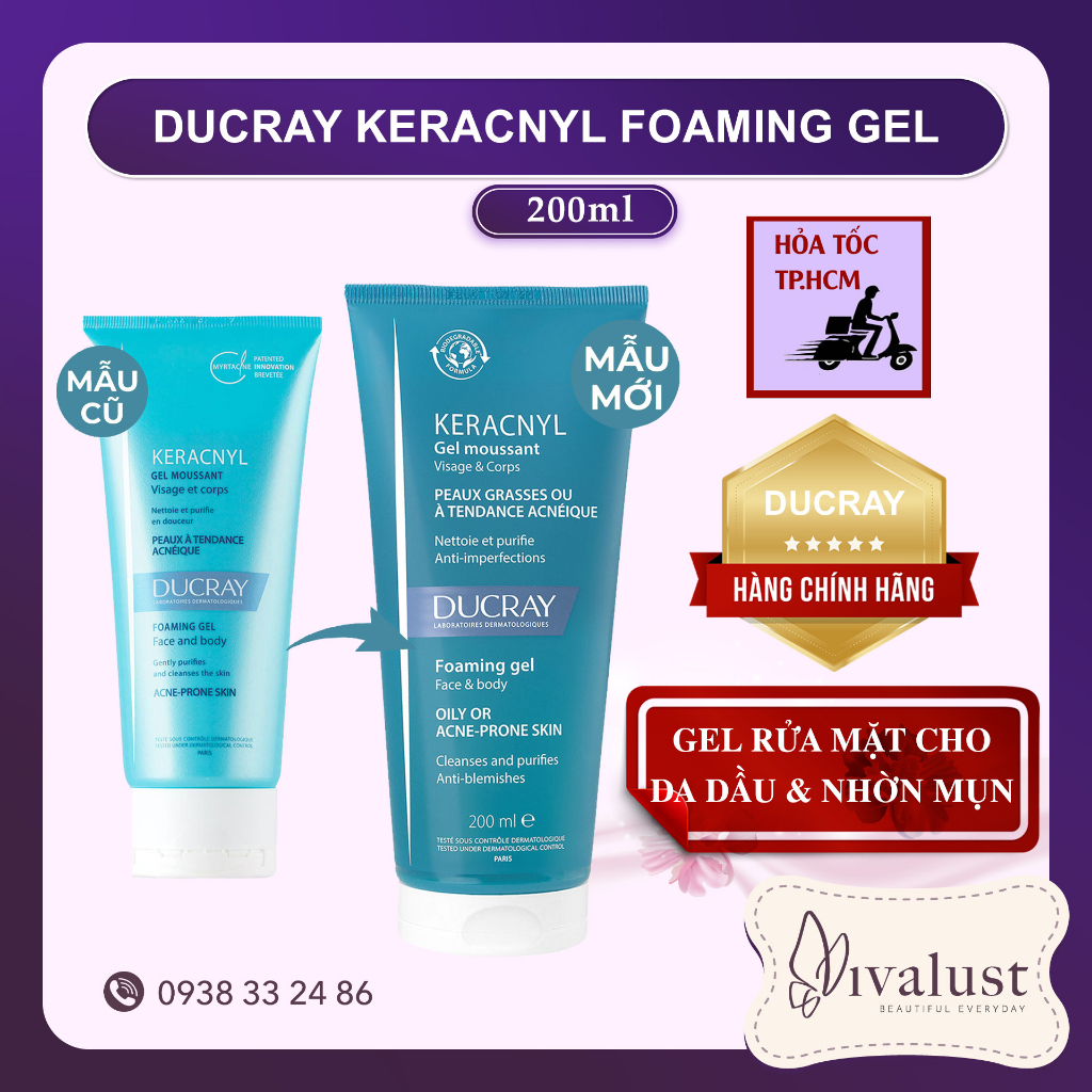 Gel Rửa Mặt DUCRAY KERACNYL Gel Moussant 200ml - Dành Cho Da DẦU MỤN