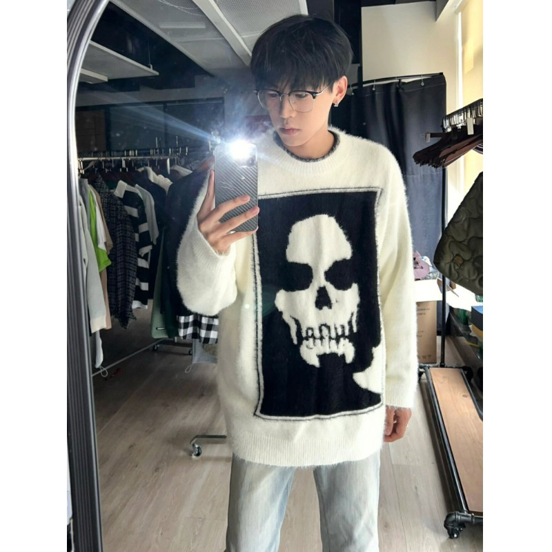 Áo sweater len nam nữ cổ tròn lông cừu hottrend sweater nam nữ unisex dáng rộng in hình đầu lâu cá tính 2537