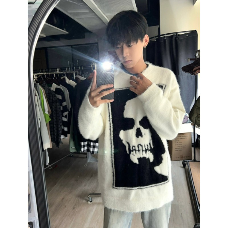Áo sweater len nam nữ cổ tròn lông cừu hottrend sweater nam nữ unisex dáng rộng in hình đầu lâu cá tính 2537