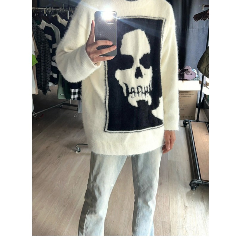 Áo sweater len nam nữ cổ tròn lông cừu hottrend sweater nam nữ unisex dáng rộng in hình đầu lâu cá tính 2537