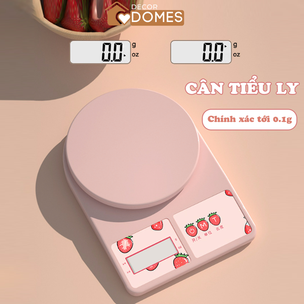 Cân tiểu ly mini DOMES hình quả dâu màu hồng độ chính xác tới 0,1g tối đa 10kg, có sạc USB