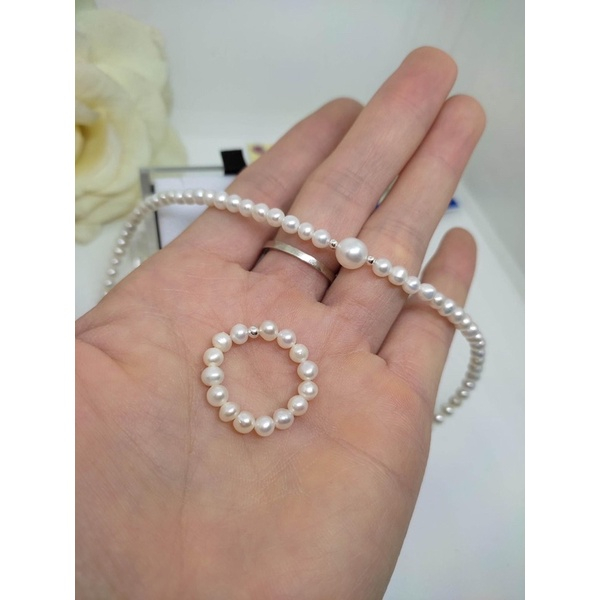 Bộ Chuỗi Đeo Cổ Choker Và Nhẫn Trường Thịnh Trai Nước Ngọt 3ly Mix Bi Bạc Ta Trắng