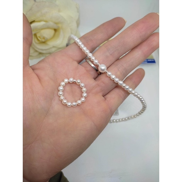 Bộ Chuỗi Đeo Cổ Choker Và Nhẫn Trường Thịnh Trai Nước Ngọt 3ly Mix Bi Bạc Ta Trắng