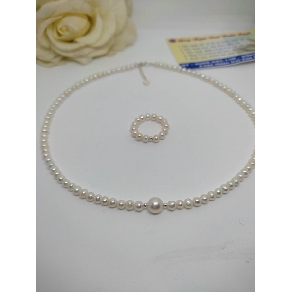 Bộ Chuỗi Đeo Cổ Choker Và Nhẫn Trường Thịnh Trai Nước Ngọt 3ly Mix Bi Bạc Ta Trắng