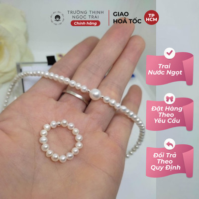 Bộ Chuỗi Đeo Cổ Choker Và Nhẫn Ngọc Trai Nước Ngọt 3ly Mix Bi Bạc Ta Trắng - Ngọc Trai Trường Thịnh