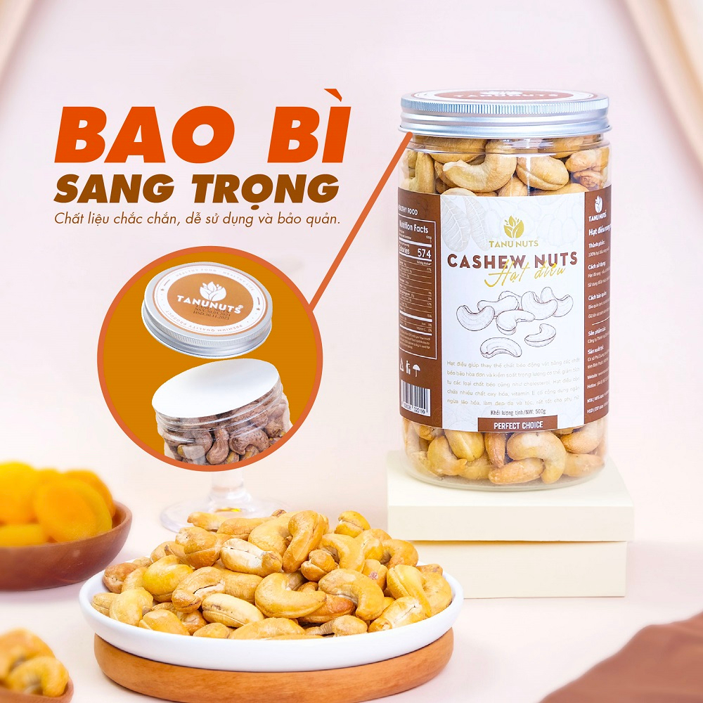 Hạt điều rang muối nguyên hạt tách vỏ TANU NUTS nhân hạt điều vàng Bình Phước A180 giàu dinh dưỡng 500g