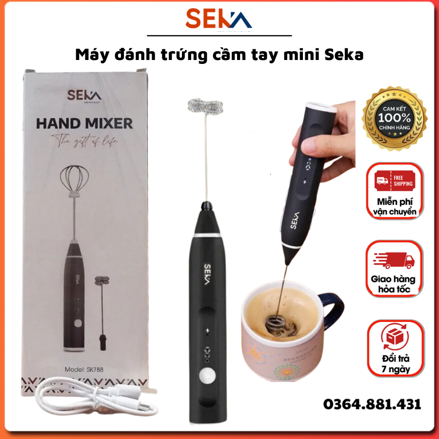 Máy đánh trứng cầm tay Seka, que tạo bọt cà phê mini không dây pha chế tiện lợi, đánh kem, 3 chế độ kèm sạc pin