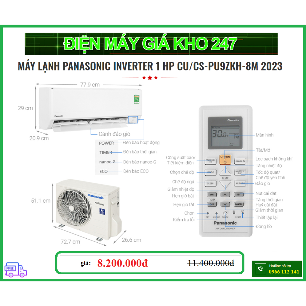 MÁY LẠNH PANASONIC INVERTER 1 HP CU/CS-PU9ZKH-8M 2023