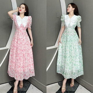 Đầm Thiết Kế Tay Phồng Cổ Đính Ngọc Dáng Dài Xếp Li Họa Tiết Hoa Nhí V1205 - Thanh Tự