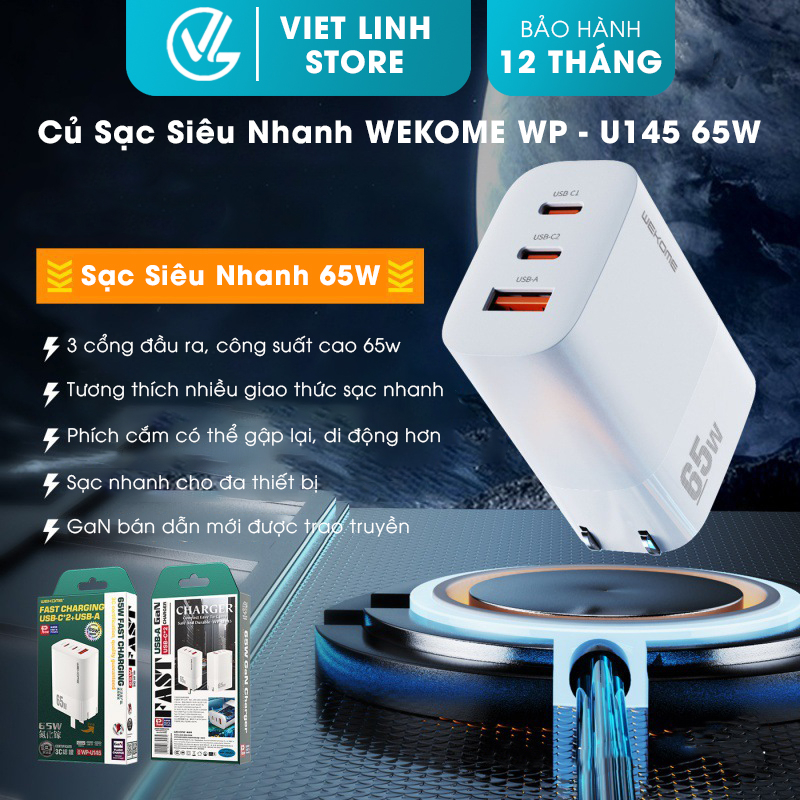 Củ Sạc Nhanh WK U145 1U2C Công Suất 65W, Phích cắm có thể gập lại, Di động tiện lợi - Bảo Hành 12 Tháng