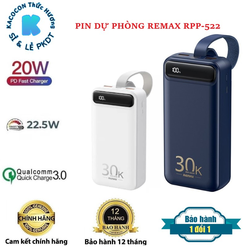 Pin Dự Phòng Rpp 522 30000Mah 2 Cổng Usb Qc3.0 22.5W Và Typec Pd Công Suất 20W Tích Hợp Đèn Pin Bảo Hành 12 Tháng