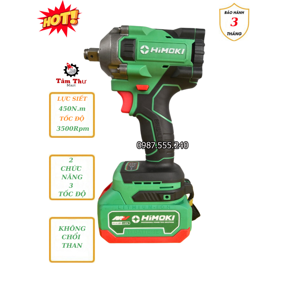 MẪU MỚI 2023 Máy siết bulong dùng pin 18-21V HIMOKI HM-IW 450N đầu 2 trong 1