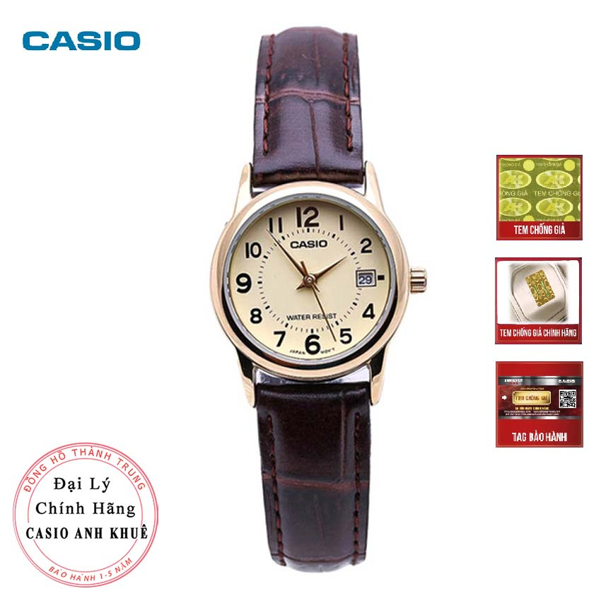 Đồng hồ nữ dây da Casio chính hãng LTP-V002GL-9BUDF mặt nhỏ số học trò