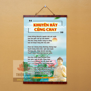 Tranh chữ Khuyên Hãy Cúng Chay nẹp gỗ 40x60cm bằng vải phủ bóng cao cấp dày dặn