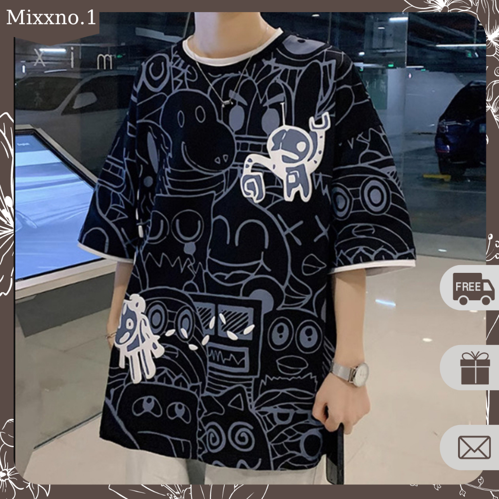 Áo Thun Nam Dáng Rộng Cổ Tròn In Họa Tiết Hoạt Hình Chất Cotton Phong Cách Đường Phố Thời Trang Mixxno1 TOP NAM 272V2