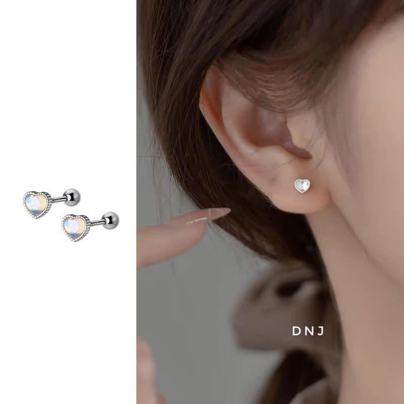 Bông tai bạc đá moon hình tim cực xinh, chốt ren chắc chắn, có thể đeo 2 đầu